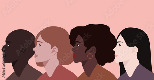 Faces of women of different nationalities. World Women's Day, the eighth of March. Sisterhood, support, equality. The concept of feminism.