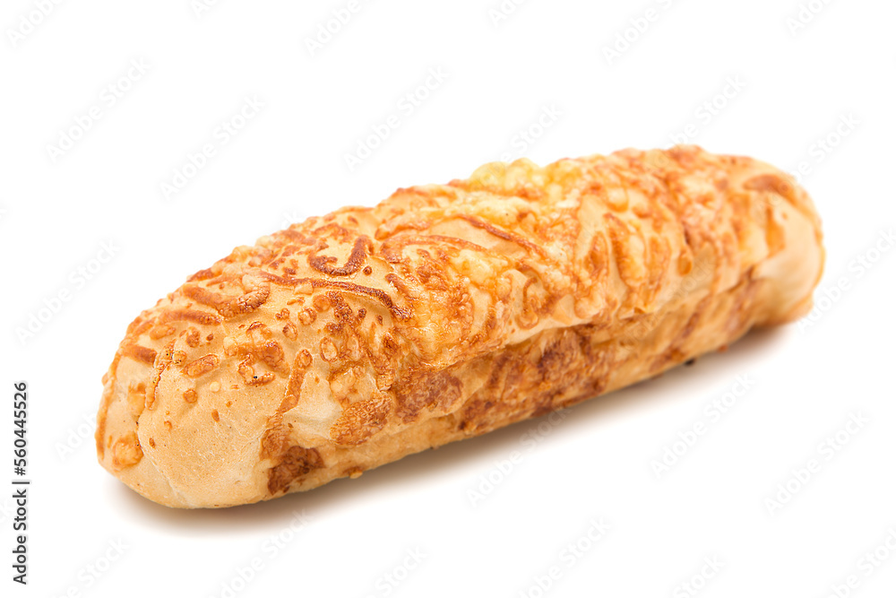 Freshly baked cheese sticks bun isolated on white background. Copy space.	