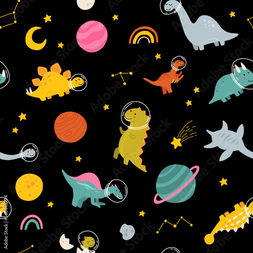 Dino in space seamless pattern. Cute dragon characters, dinosaur traveling galaxy with stars, planets. Kids cartoon vector background. Illustration of astronaut dragon, kids wrapping with cosmic dino