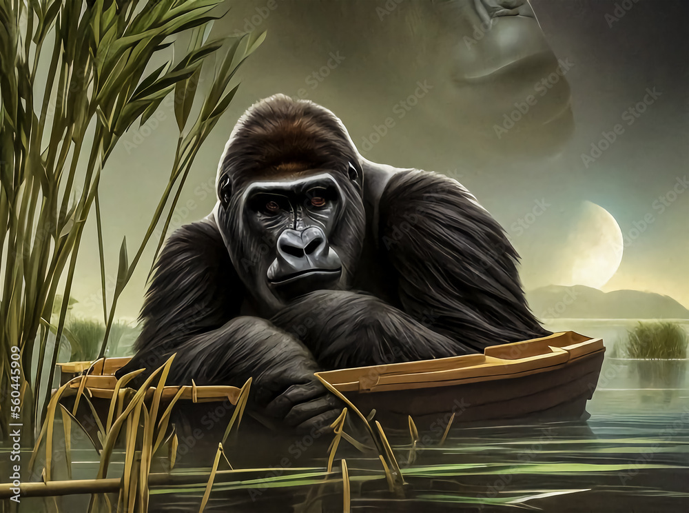 Thoughtful gorilla floats on a boat on a pond, fantasy.