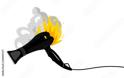 Broken hair dryer. Household appliances. Support service. Broken burning hair dryer, damaged home appliance vector Illustration on a white background