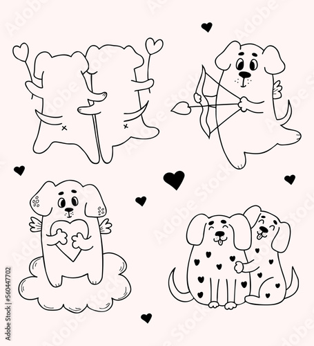 Loving dogs. Collection romantic pets with heart and cute hugging dogs. Vector illustration. Isolated Outline drawings for design and decor of valentines, love postcards, printing