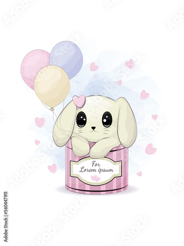 A cute little rabbit sits in a gift box. The caption can be changed. Watercolor drawing.