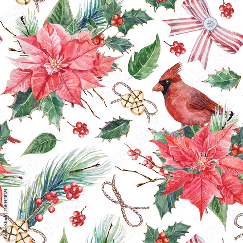 Watercolor hand-painted holiday seamless pattern. New Years`pattern with poinsettia flowers, holly and pine branches, and a cardinal bird on a transparent background.