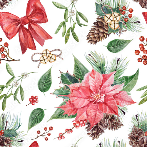 Watercolor hand-painted holiday seamless pattern. New Years`pattern with poinsettia flowers, red bows, holly, mistletoe and pine branches, pine cones, and berries on a transparent background.