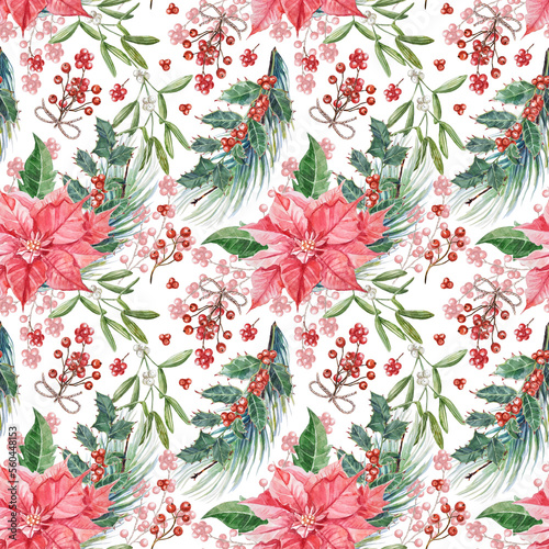 Watercolor hand-painted holiday seamless pattern. New Years`pattern with poinsettia flowers, holly, mistletoe and pine branches, and berries on a white background.