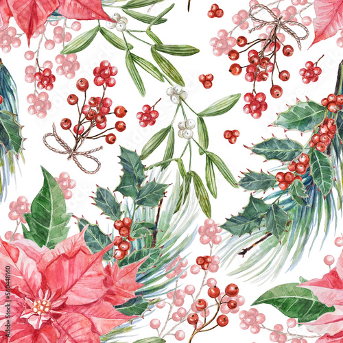 Watercolor hand-painted holiday seamless pattern. New Years`pattern with poinsettia flowers, holly, mistletoe and pine branches, and berries on a transparent background.