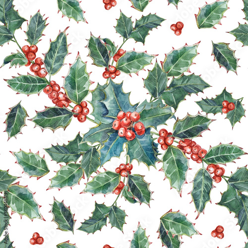Watercolor hand-painted holiday seamless pattern. New Years`pattern with holly branches, berries, and leaves on a transparent background.