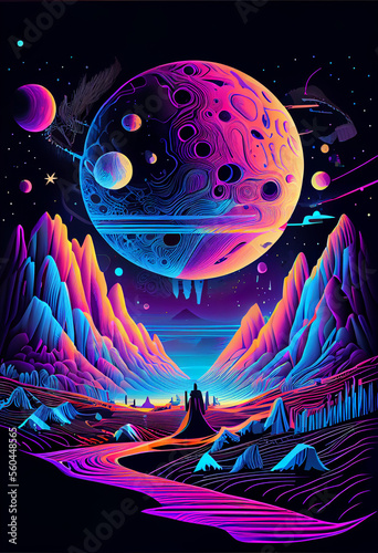 moon landscape galaxy space shuttle space exploration ,psychedelic colors,line drawing ,neon light