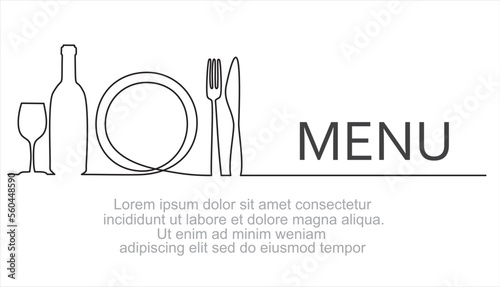 Continuous one single line drawing of plate, fork, knife, bottle of wine and glass. Menu food design. Vector illustration.