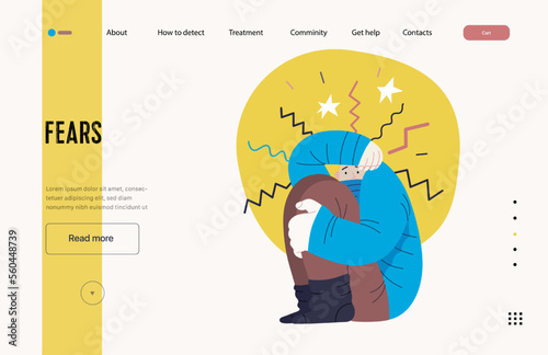 Mental disorders web template. Fears- modern flat vector illustration of woman dreading nervous, bracing herself meeting with stress experience. People emotional, psychological, mental traumas concept