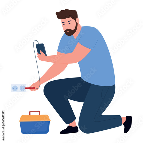 Male electrician at work check voltage at outlet wiring electricity connection vector flat