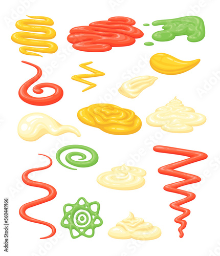 Sauce splash mustard ketchup wasabi mayonnaise dropped different shape set vector flat illustration