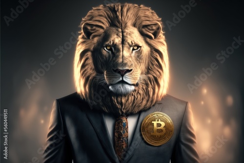 Lion in suit with Bitcoin shield AI Generate © Paula