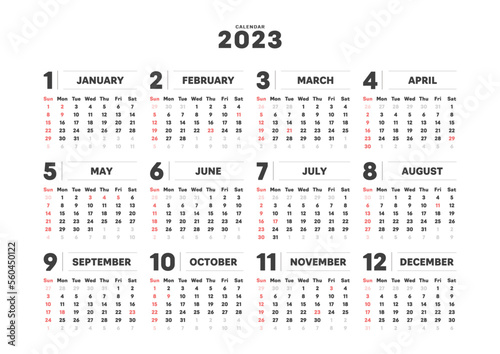 2023年のシンプルな年間カレンダー - 日本の祝日･日曜始まり･12ヶ月･1年分の暦 - A4比率 