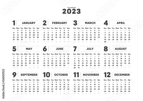 2023年のシンプルな年間カレンダー - 日曜始まり･12ヶ月･1年分の暦 - A4比率