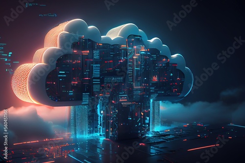 Fényképezés Cloud computing technology concept background, digital illustration generative A