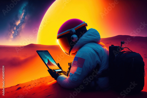 Astronaut taking a selfie with a big smartphone in Mars. Generative AI photo
