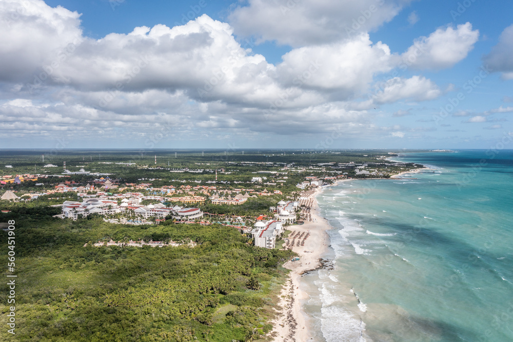Aerial landscape view of the area around Playa Paraiso, Cancun on Yucatan Peninsula in Mexico with white sand beaches, hotel facilities during a sunny day