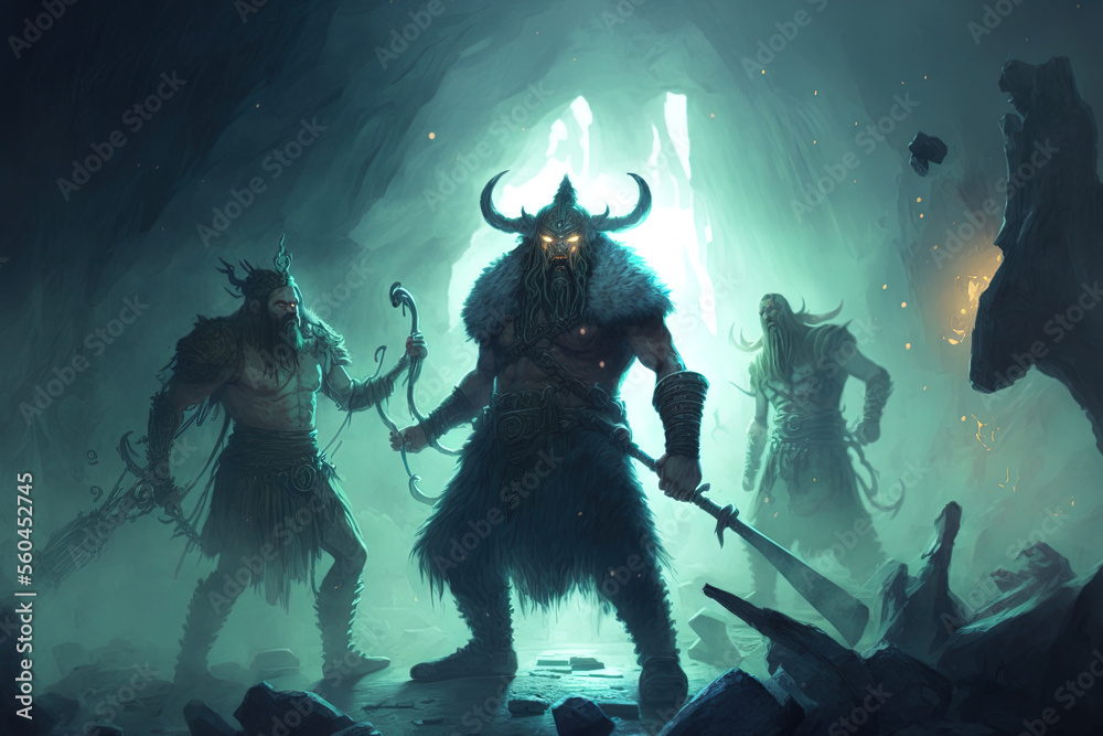 Vikings soldiers engaged in combat with a swamp monster in a dark cave while being protected by runes, fog, and a god ray concept art . Generative AI