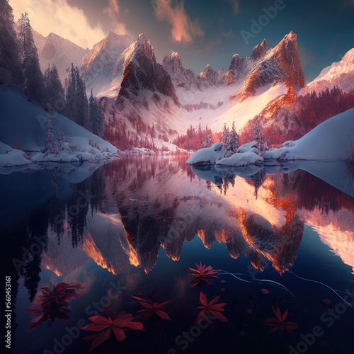 The Winter Mountains And Maples Flowers.Generative AI