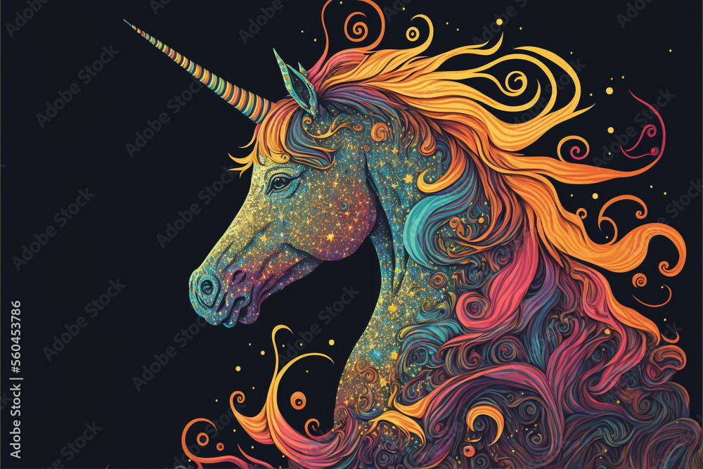 Colorfull unicorn in a psychedelic style background, generative ai.