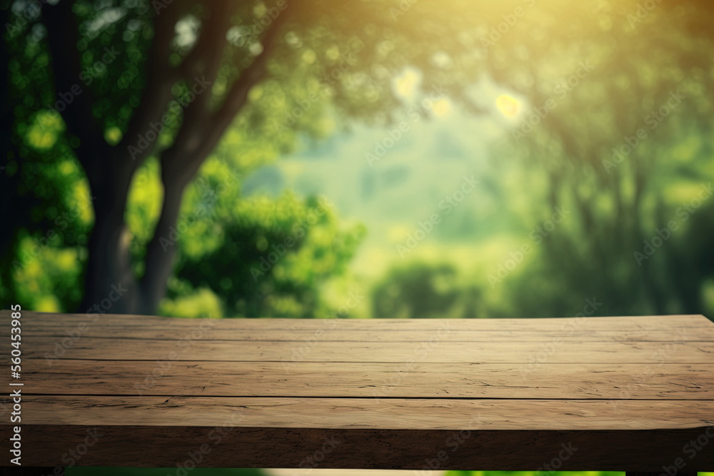 Blurred park nature outside and wood table with bokeh light background in spring and summer. Natural background. Wood table for food and mercise display above blur green tree garden. Generative AI Blurred park nature outside and wood table with bokeh light background in spring and summer. Natural background. Wood table for food and mercise display above blur green tree garden. Generative AI