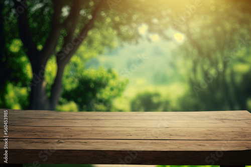 Blurred park nature outside and wood table with bokeh light background in spring and summer. Natural background. Wood table for food and mercise display above blur green tree garden. Generative AI