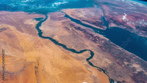 Aerial view of Nile River, Red Sea and Mediterranean Sea. Egypt, Saudi Arabia, Israel and Jordan as seen from space. Satellite view. Elements of this video furnished by NASA.