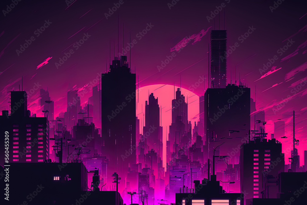 Cyberpunk city at night with purple neon. futuristic urban setting. futuristic city with dazzling neon lights. futuristic skyscraper silhouettes against a sky of purple sunset. illustration