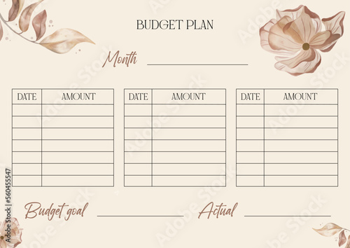 Monthly Budget and Finance Planner. Vector notebook page with watercolour illustrations.