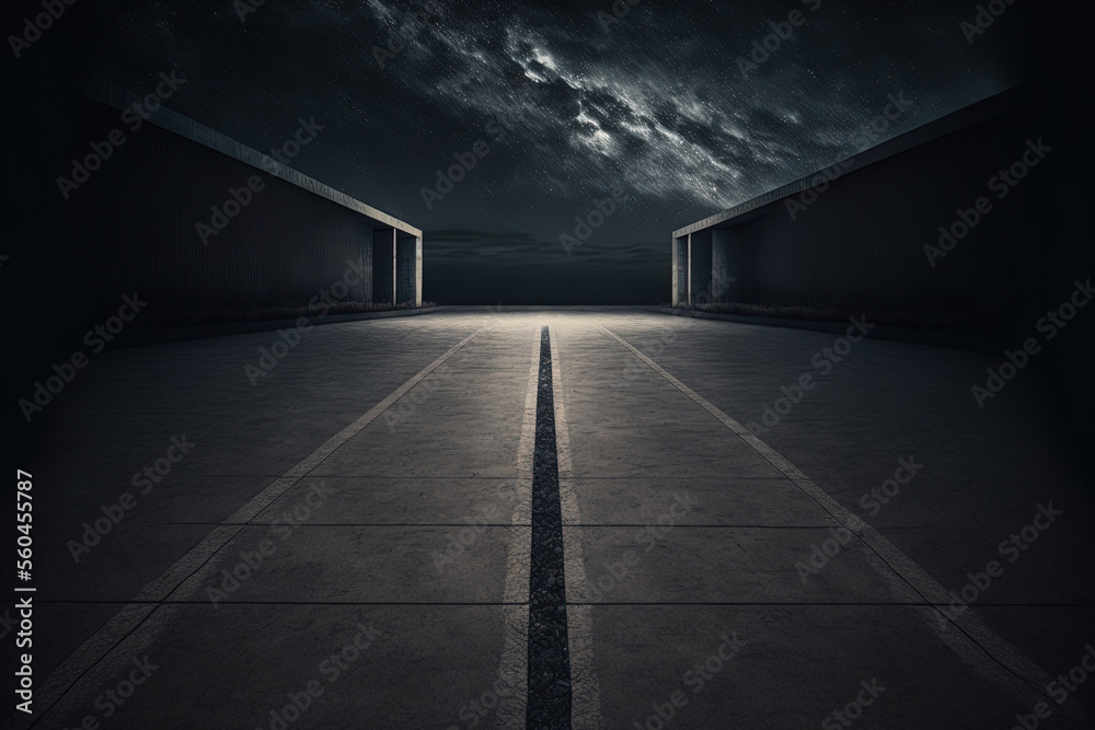 Dark Concrete Street Floor with Horizontal Night Sky. Generative AI