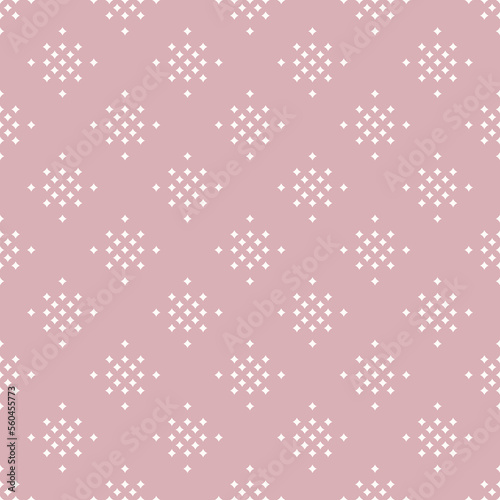 Subtle minimal pink vector seamless pattern with small diamond shapes, stars, rhombuses, dots. Simple geometric background. Abstract minimalist texture. Repeat geo design for decor, fabric, textile