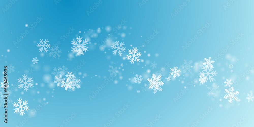 Minimal flying snowflakes wallpaper. Winter speck ice granules. Snowfall weather white teal blue design.
