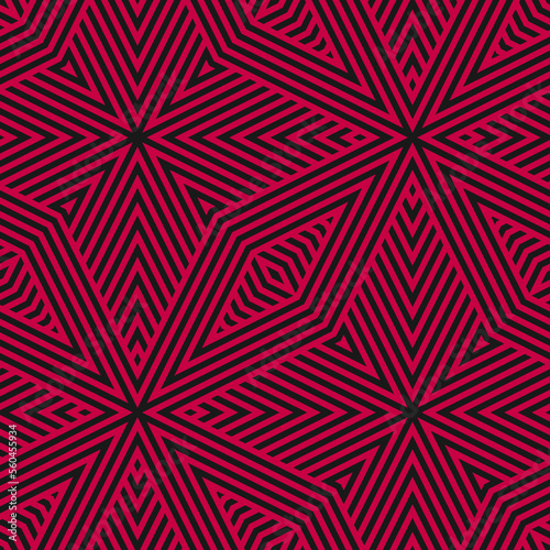 Geometric line seamless pattern. Vector abstract black and dark red background. Modern graphic texture with stripes, lines, rhombuses, triangles. Retro style creative geometry. Trendy repeat design