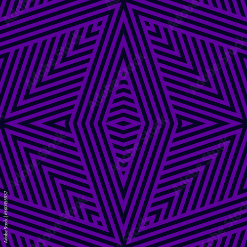 Geometric lines seamless pattern. Stylish vector texture with intersecting stripes, lines, chevron, rhombuses, triangles. Abstract purple and black linear graphic background. Modern repeat geo design
