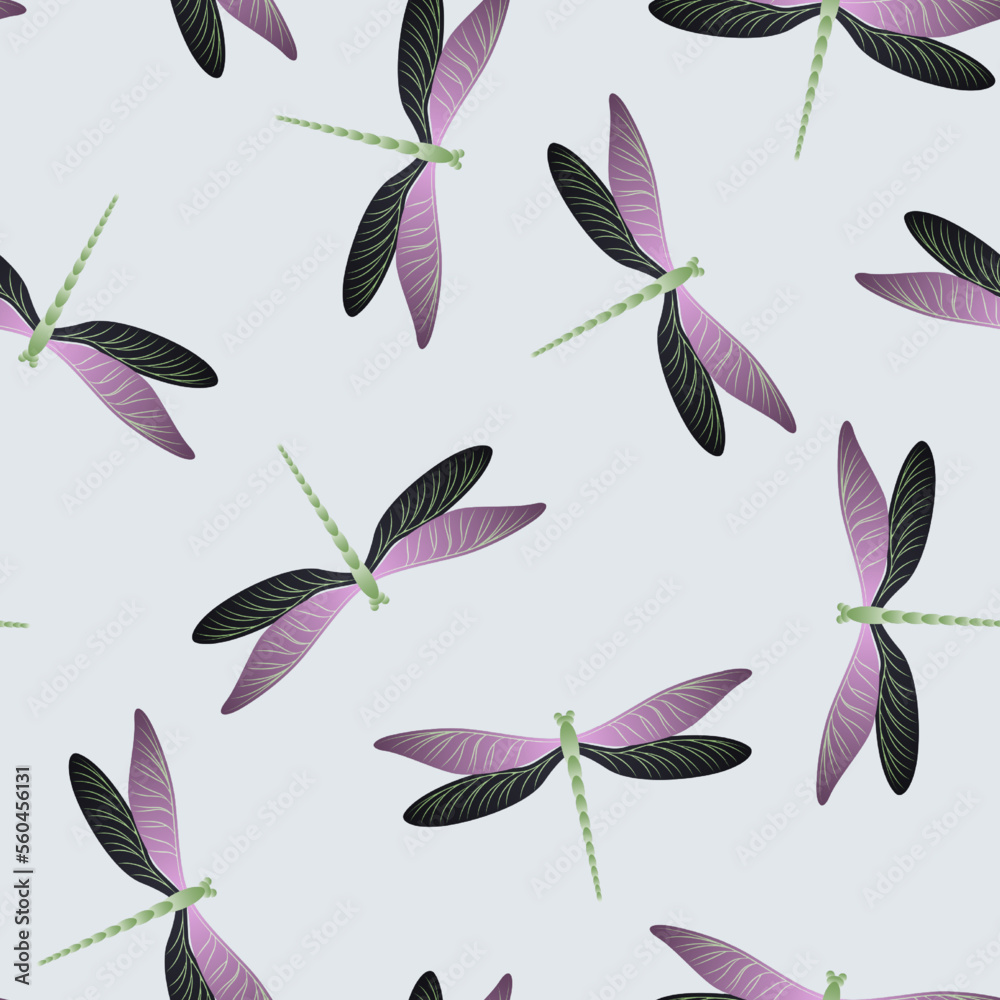 Fototapeta premium Dragonfly simple seamless pattern. Repeating dress textile print with darning-needle insects.
