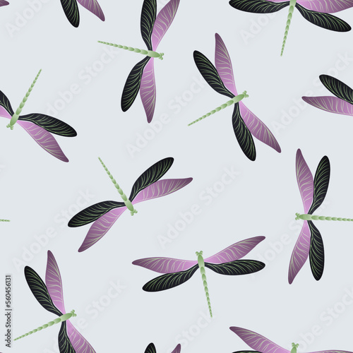 Dragonfly simple seamless pattern. Repeating dress textile print with darning-needle insects.