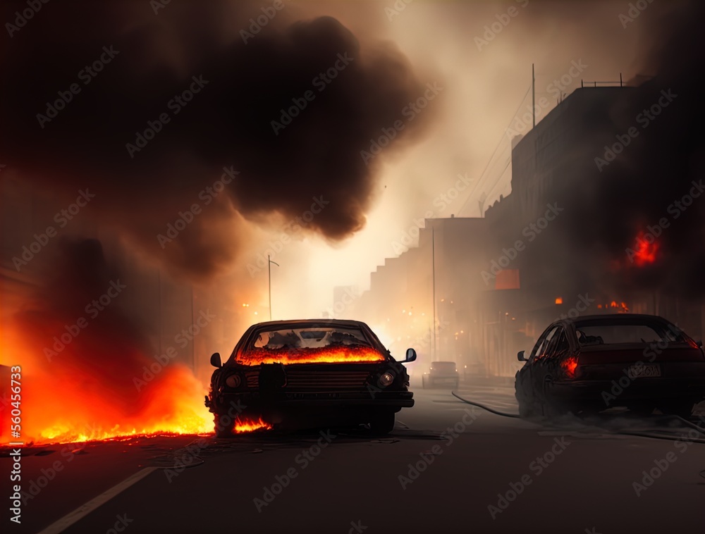 A burning car on a road. 