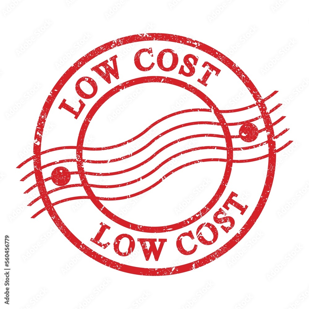 LOW COST, text written on red postal stamp. LOW COST, text written on red postal stamp.