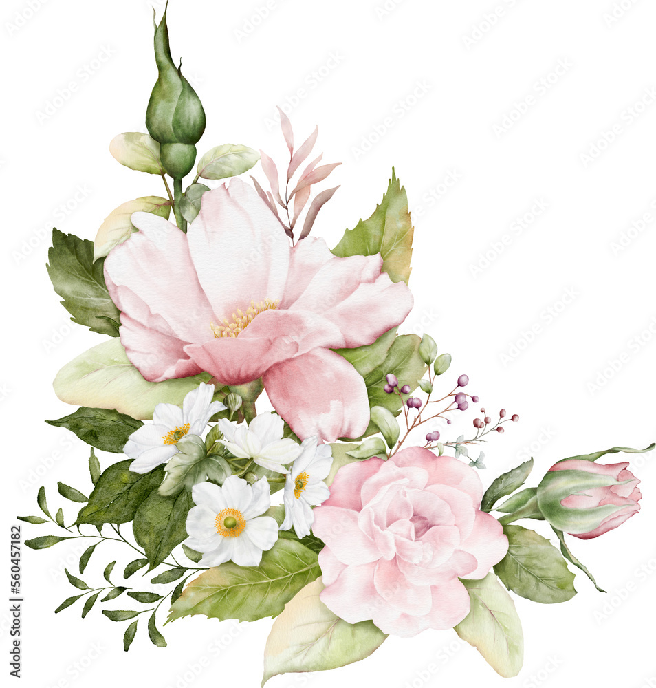 Watercolor arrangement with pink rose bouquet