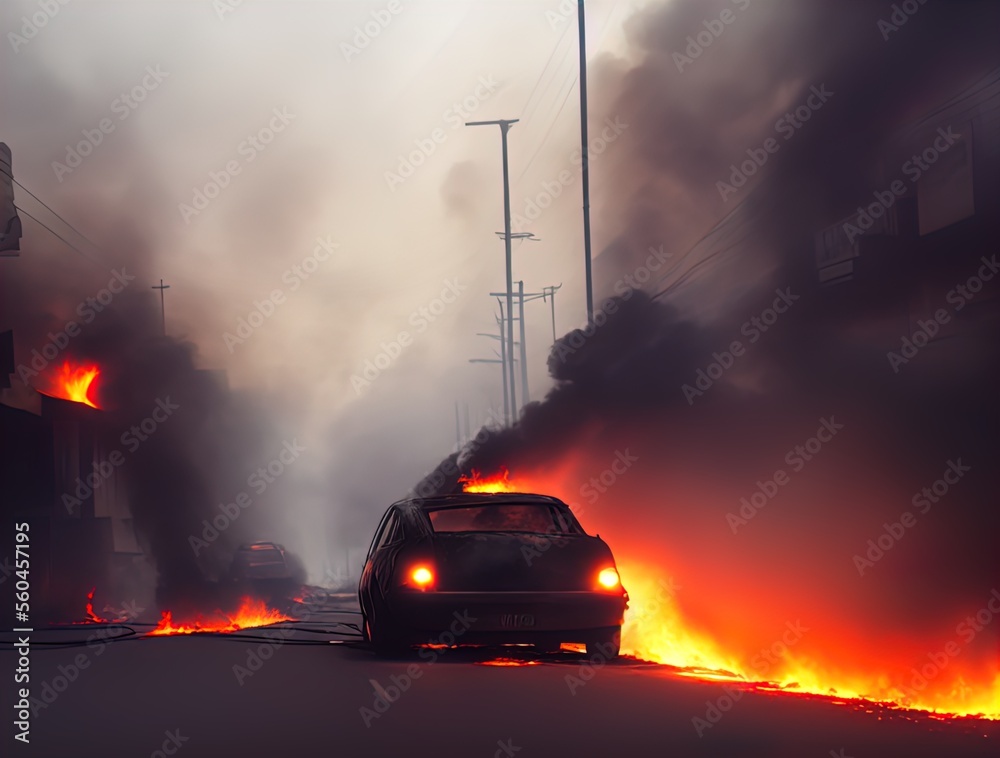 A burning car on a road. 