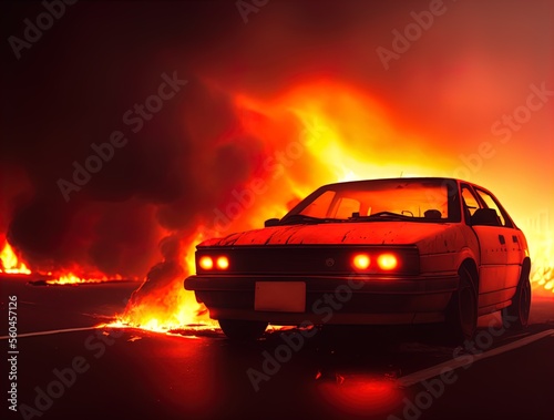 A burning car on a road.  © ECrafts