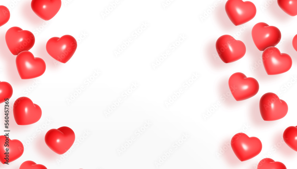 Floating red hearts balloon on white background. Valentine's day or wedding banner template. 3D illustration.