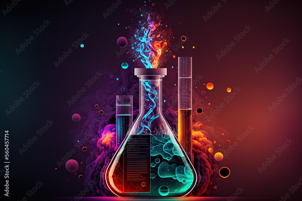 Chemistry science research lab background with a glass flask and vial