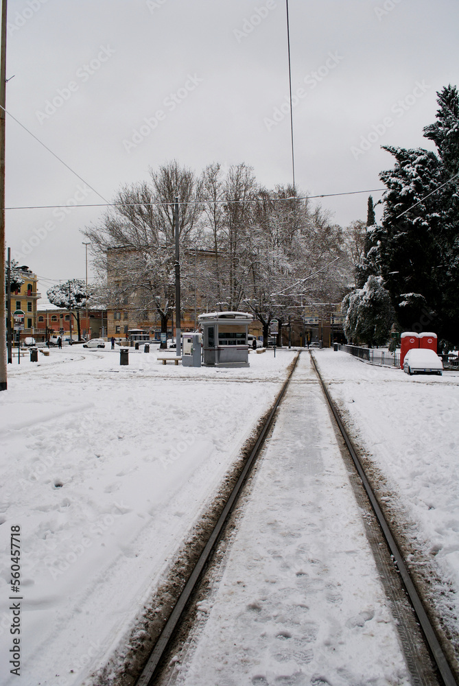 Tram track structure, Porta Maggiore, Rome, winter, after the snowfall