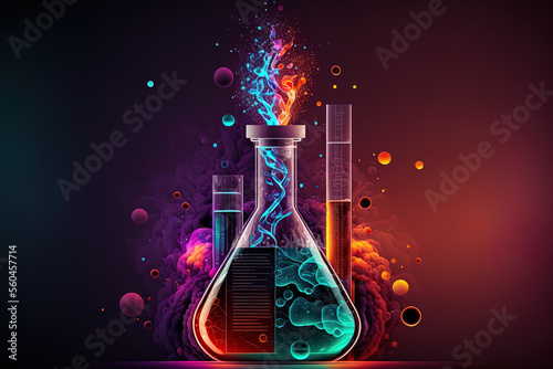 Foto Chemistry science research lab background with a glass flask and vial and a vibrant digital abstract banner