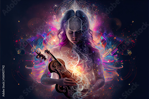 Mystical woman with violin surrounded by vibrant cosmic swirls, blending music, and magic for a spellbinding meditation theme generative ai