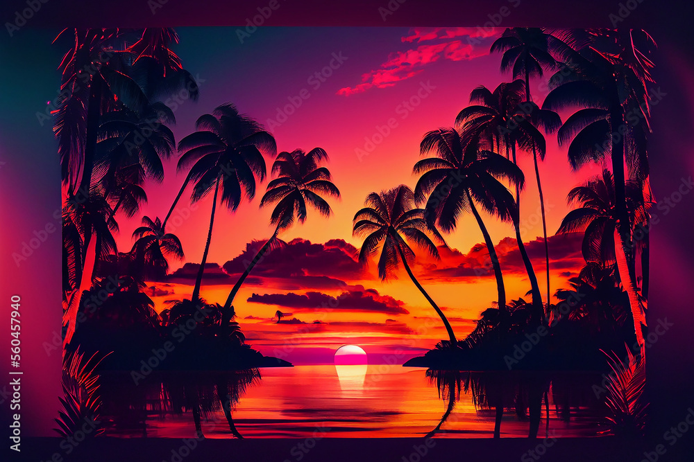 Beautiful Colorful Sunset Background Tropical Ocean beach. Illustration Generative AI