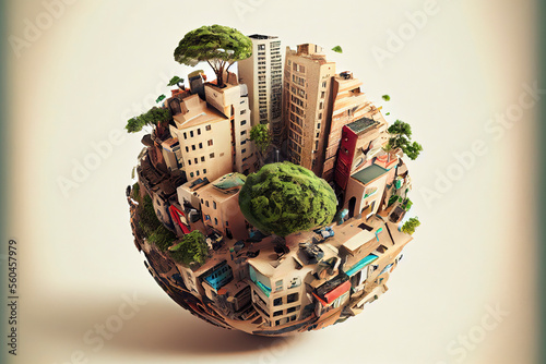 Miniature planet as concept for chaotic urban life isolated with clipping path photo